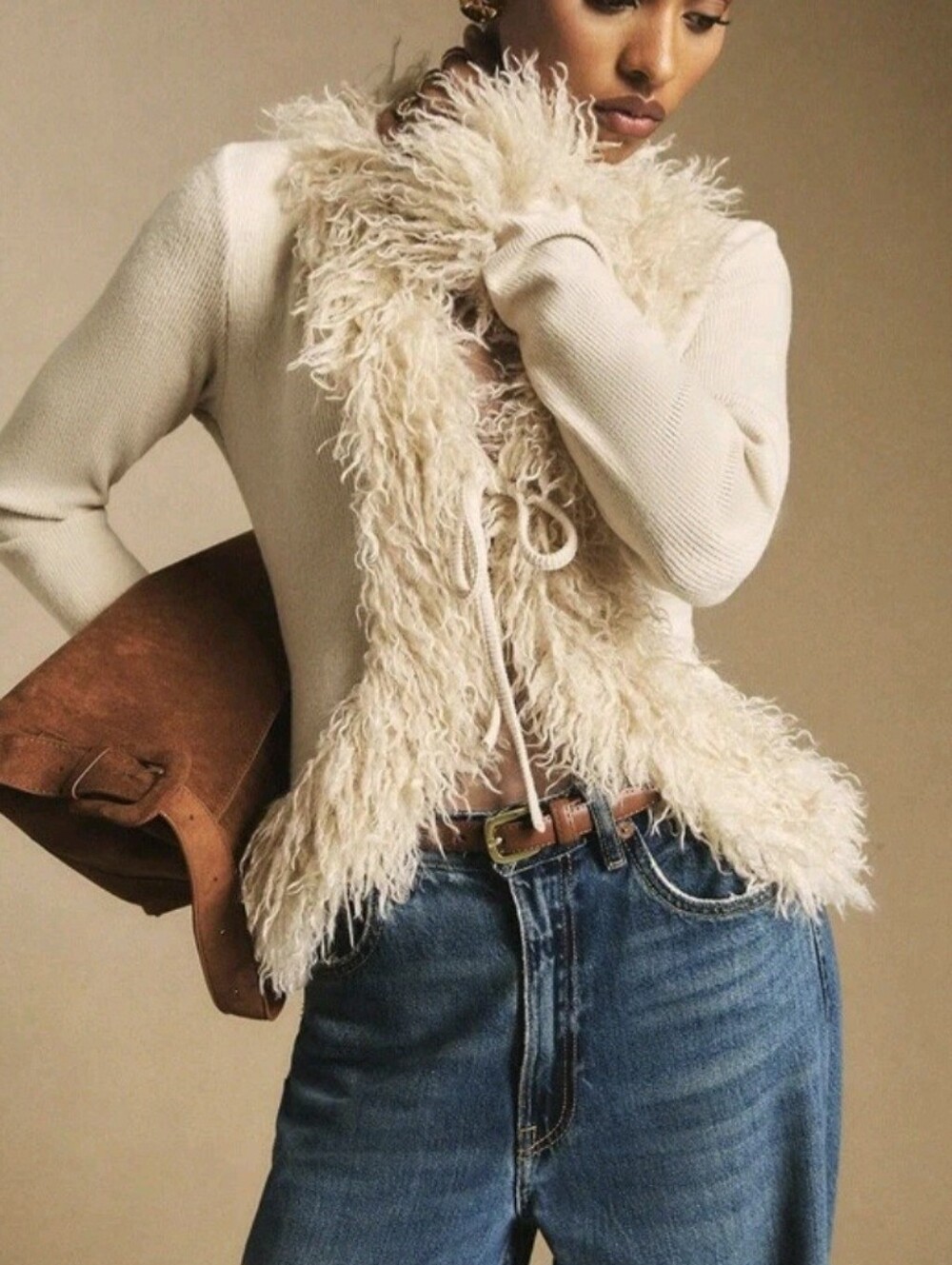 Women's Off-White Plush Trim Tie-Placket Elegant Blouse,Autumn Brunch Long - Picture 5 of 7